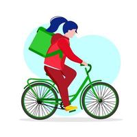 servicio de entrega, una mensajera en bicicleta entrega un pedido en línea a su hogar. ilustración vectorial puede usarlo para un sitio web, una aplicación móvil, un póster, una postal o un volante. vector