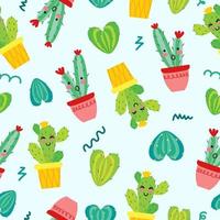 A pattern of funny cacti on a blue background. For use in printing, postcards, textiles. Vector illustration.