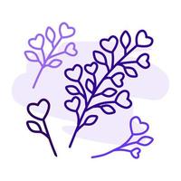 A set of twigs in the style of lines with leaves and hearts. For websites, sketches, apps, T-shirts, mugs, and printing. vector