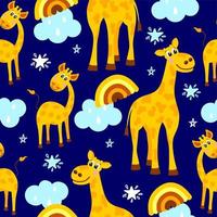 Camel pattern on a blue background with clouds and stars. For packaging, children's textiles and office supplies. Vector illustration