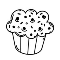 Cupcake simple vector icon. Hand drawn illustration isolated on white background. Delicious dessert with cream and sprinkles. Muffin sketch, cake for birthday, party. Fresh pastries clipart