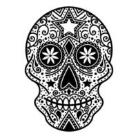 White sugar skull with abstract ornament. Hand drawn vector icon isolated on white background. Monochrome illustration of a skeleton mask for the day of the dead. Sketch of a tattoo.