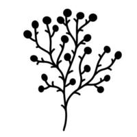 Tree twig vector icon. Hand drawn doodle isolated on white background. A bush branch with thin leaves and round berries. Botanical monochrome sketch. Natural clip-art.