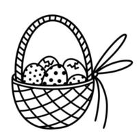 huevos de Pascua en un icono de vector de cesta. ilustración dibujada a mano aislada sobre fondo blanco. recipiente de mimbre con productos de granja decorados, huevos con lunares, con cáscara rota. garabato festivo