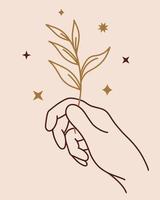 The female right hand holds a branch. Golden twig with leaves sparkles. Boho symbol for magical rituals, spiritualistic practices, seasonal rites. Vintage vector icon for decoration, design