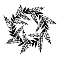 Wreath of branches and leaves vector icon. Hand-drawn illustration isolated on white background. A seasonal garland of veined leaves and twigs. Botanical sketch. Monochrome festive concept.