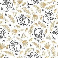 Easter seamless vector pattern with lazy bunny. Hand drawn illustration isolated on white background. Cute rabbit sleeps in the spring grass, flowers, carrots. Doodle concept for decoration, design