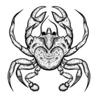 Crab vector icon. Hand-drawn illustration isolated on white background. Seafood sketch. Silhouette of a marine animal in a shell with claws. Short-tailed crayfish engraving. Monochrome concept art.