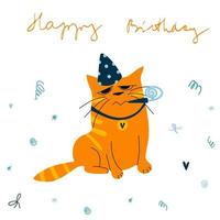 Vector greeting card with ginger cat in birthday hat and hand drawn lettering. Happy Birthday cartoon flat colorful illustration