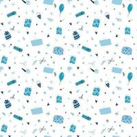 Vector seamless pattern with cute funny blue gift boxes in cartoon flat style.