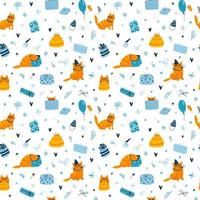 Vector seamless pattern with funny birthday cats on white background. Colorful wallpaper with cats, birthday cake and candles, gifts, balloons in blue and ginger