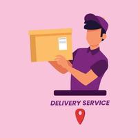 Delivery man with postal cardboard box can delivered by smartphone . Online shopping. Vector illustration in flat style.