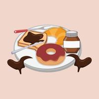 A plate with chocolate donut, chocolate jam bread and bottle chocolate. Chocolate day. Vector colorful illustration.