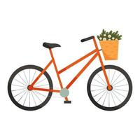 Vector illustration of bicycle or bike with basket full of flowers in cartoon flat style. Eco friendly pedal transport. Retro vehicle with summer bouquet of daisies