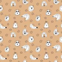 Vector seamless pattern with outline dogs of different breeds. Doodle cartoon illustration of pets on a beige background