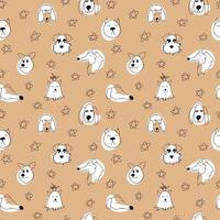 Vector seamless pattern with outline dogs of different breeds. Doodle cartoon illustration of pets on a beige background