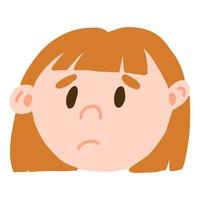 Facial expression of young light skinned girl face in cartoon style, vector illustrations isolated on white background. Feelings of depression, frustration, gloom, frustration, upset