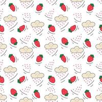 Vector seamless pattern with strawberry and rainy cloud in cartoon flat doodle style. Hand drawn fresh berry. Colorful doodle wallpaper in pink and beige. Childish print