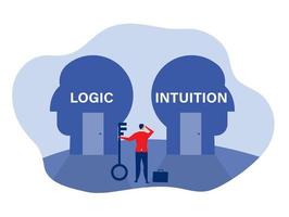 Decide direction between Intuition or logic. Choice way concept. Decision business metaphor. Vector flat style design.