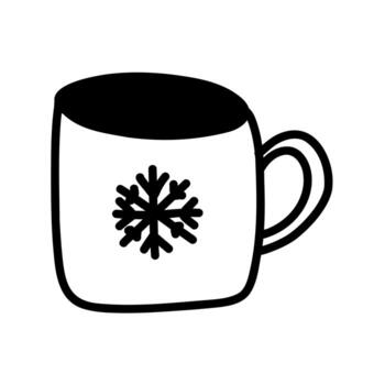 Hand drawn doodle cup for tea or coffee with snowflake in vector format