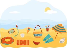 ilustración vectorial de la pancarta de verano con coloridos elementos de playa contra el fondo de las olas del mar. vector