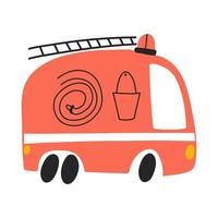 Fire engine truck isolated on white background in cartoon hand drawn style. Childish transport icon for nursery, baby apparel, textile and product design, wallpaper, wrapping paper, card, scrapbooking vector