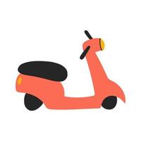 Red motor scooter isolated on white background in flat cartoon style. Childish transport icon for nursery, baby apparel, textile and product design, wallpaper, wrapping paper, card, scrapbooking vector