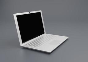 maqueta de pantalla blanca de computadora portátil 3d, composición de tecnología mínima sobre fondo gris. ilustración de renderizado 3d de diseño de computadora realista. foto