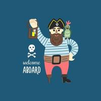 un dibujo infantil de un pirata con un loro en el hombro y una linterna en las manos. un capitán amable y dulce con una muleta, un chaleco y una barba larga vector