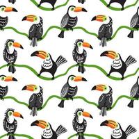 Four toucans sitting on the branches. Tropical seamless pattern with exotic birds on white background. vector