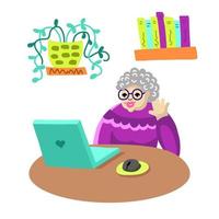 Grandma communicates on the computer via social networks vector