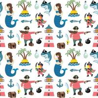 Cute seamless pattern in nautical style with mermaid, lighthouse, parrot with saber, pirate, bomb, skull, flag vector