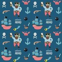 Children's seamless pattern in a nautical style with pirates, a ship, a revolver, a skull, a smoking pipe vector