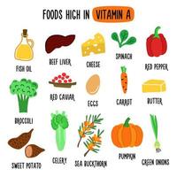 Foods High in vitamin A. Vector illustration with healthy foods rich in vitamin a. Organic Food Collection