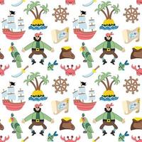 Children's seamless pattern in a nautical style with pirates, a ship, an uninhabited island, a parrot, a map and treasures vector