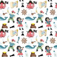 Cute seamless marine-style pattern with kids in pirate clothes, whale, spyglass, treasure map, steering wheel, anchor and gold vector