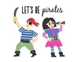 un niño y una niña disfrazados de piratas con un sable y un telescopio. seamos piratas invitación a una fiesta pirata vector