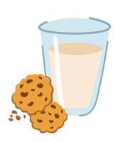 Cookies with milk. Glass of milk and two oatmeal cookies with chocolate chips. Healthy breakfast, snack or dinner. Vector cartoon illustration isolated on the white background.