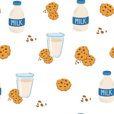 Cookies with milk seamless pattern. Glass of milk and two oatmeal cookies with chocolate chips. Children cute background for fabric, textiles, wallpapers, print products. Vector cartoon illustration.