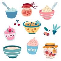 Porridge and yogurt with berries. Healthy breakfast. Dairy products. Vector cartoon illustration isolated on the white background.