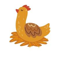 Chicken is sitting on eggs. Hen's Nest. Nest hatching eggs. Farm animal character. Poultry farming theme. Vector cartoon illustration isolated on the white background.