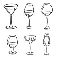 Different glasses hand draw line art. Wine, champagne, cognac and other drinks. Beverage icons for restaurant, menus and printing. Vector cartoon illustration isolated on the white background.