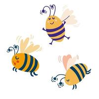 Cute bees. Insects cartoon character. Honey bees. Perfect for children, print and postcards. Vector cartoon illustration isolated on the white background.