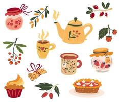 juego lindo de la hora del té. tetera, tazas, mermelada, bayas, canela, muffin y pastel. bebidas calientes. comodidad del hogar. acogedora colección de otoño. ilustración de dibujos animados de vector aislado en el fondo blanco.