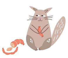 Cat is holding a sausage. Cute cartoon cat want smoked sausage salami. Isolated animal cheerful pet hold food. Perfect for kids design, fabric, packaging, wallpaper, textiles, clothing. Vector