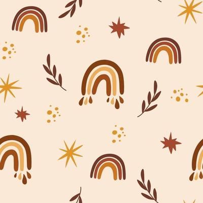 Boho Rainbows Seamless Pattern. Stars, leaves and rainbows Abstract Hand Draw Background. Great for fabric, papers, covers, interior decor textile. Vector cartoon illustration
