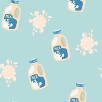 Milk seamless pattern. Milk bottles and splashes background. Calcium ingredient. Lactose. Healthy food. Vector template for wrapping paper, bedding pattern for kids, print on clothes.