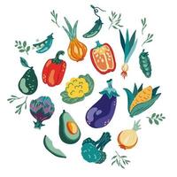 conjunto de verduras. comida vegetariana saludable. elemento de diseño redondo con verduras. alcachofas pimiento, cebolla, berenjena, maíz, col, aguacate, brócoli. ilustración de dibujos animados de vectores