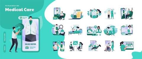Online doctor and medical care concept on illustration collection set vector