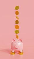 Piggy bank with falling gold coins on pink background with saving money concept. Financial planning for the future. 3D rendering. photo